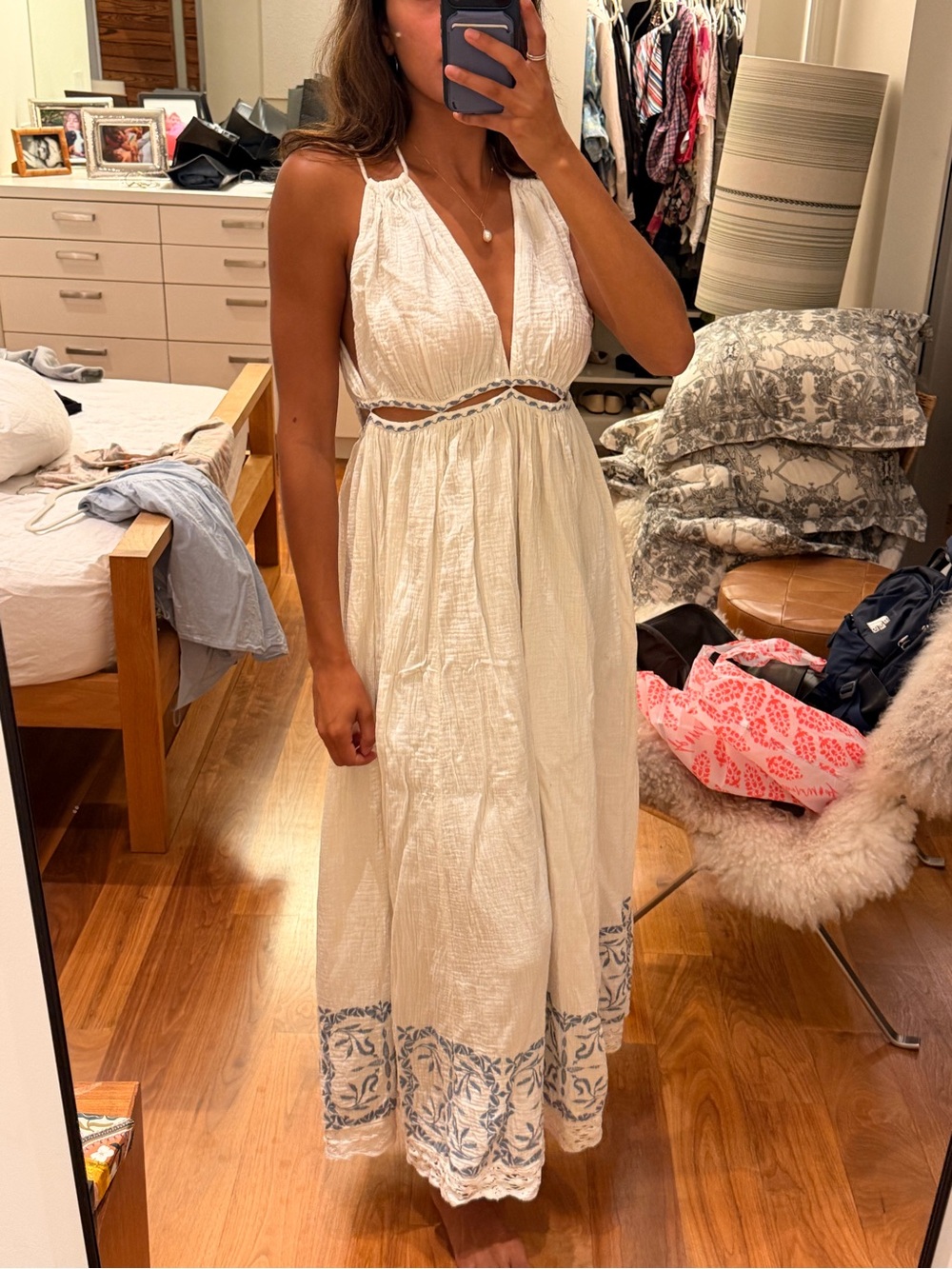 Misa White Maxi Sundress with Blue Embroidered Hem
